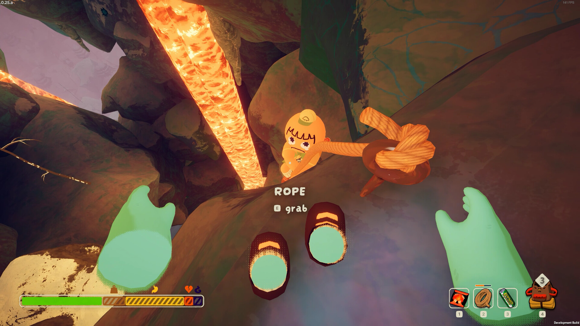 Peak screenshot showing a playing climbing up a rope towards another player who&#039;s arms are out stretched and prompt to grab the rope is showing on screen