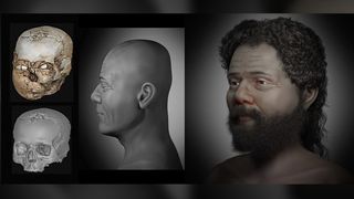 the final digital reconstruction of the man's face shown next to two skulls, one with shells in the eyes and one without, and a partially reconstructed side profile of the man