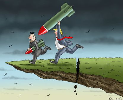 Political cartoon World Trump Kim Jong-Un nuclear weapons