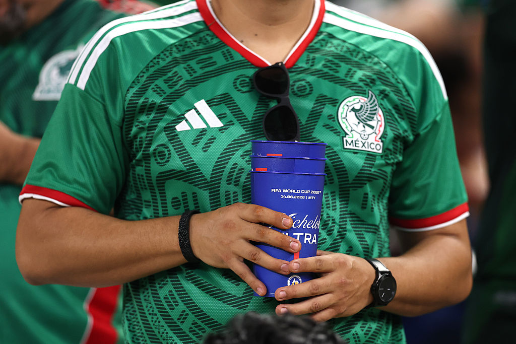 Fans drink beer during the FIFA World Cup 2026 Group F match between Sweden and Tunisia at Monterrey Stadium on June 14, 2026 in Monterrey, Mexico
