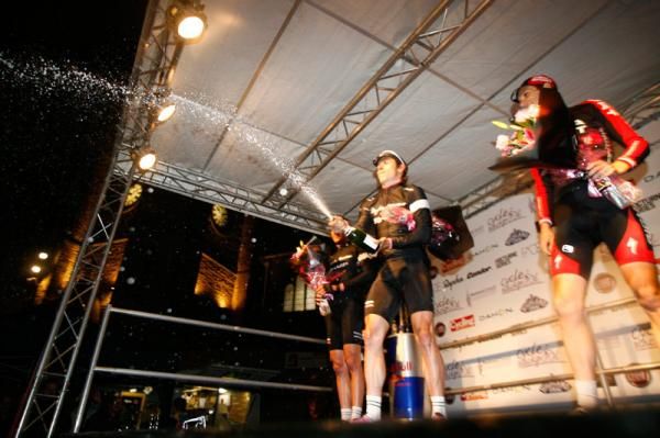 Dean Downing sprays the champagne.