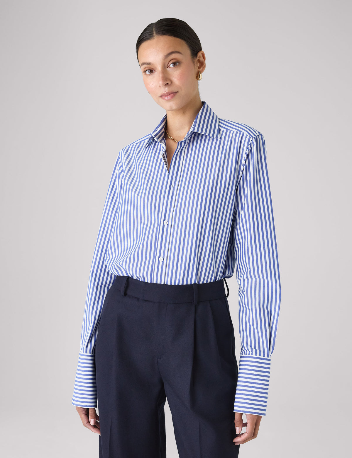The Boyfriend Exaggerated Cuff: Fine Poplin, Royal Blue Stripe