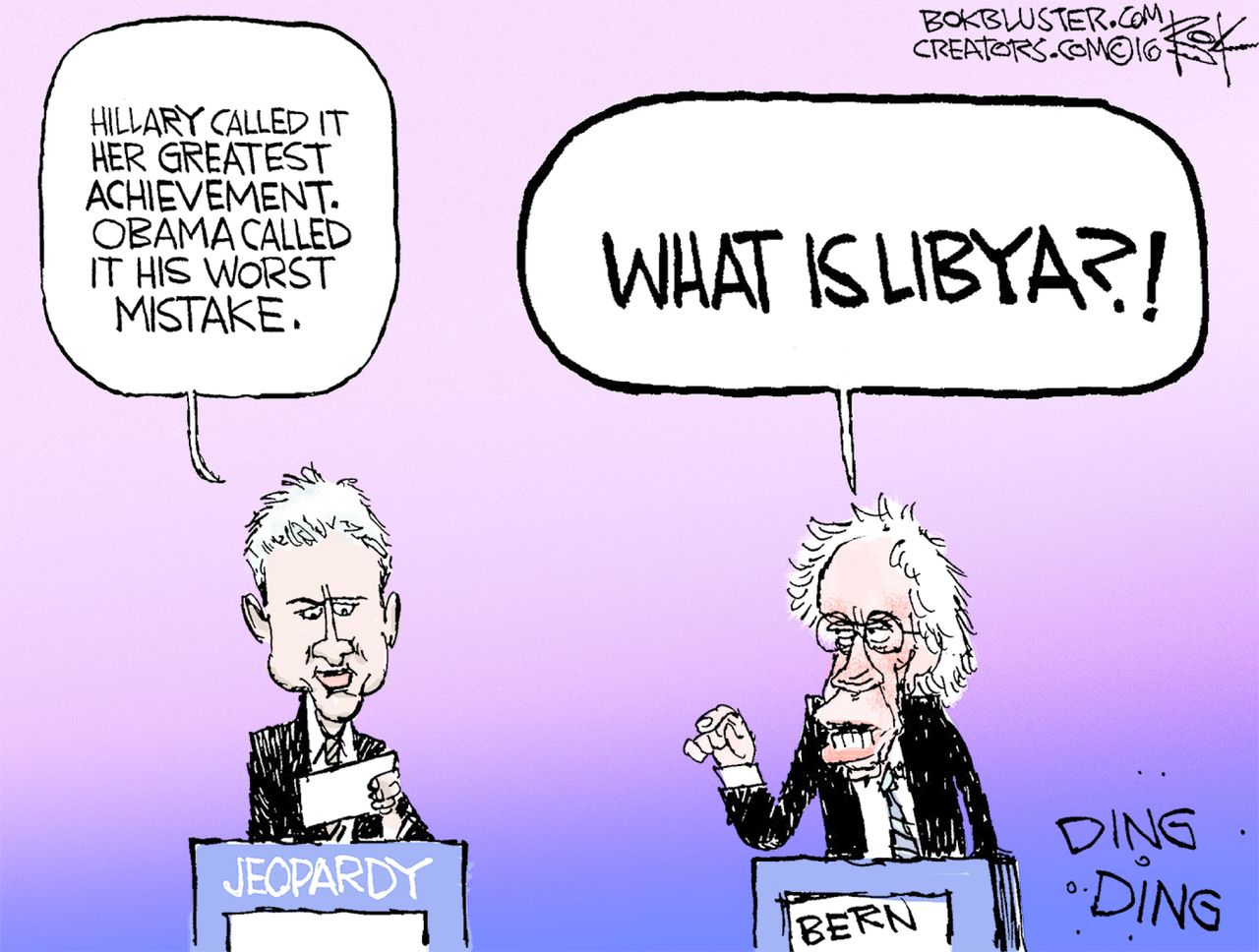 Political Cartoon U.S. Bernie Hillary Jeopardy 2016