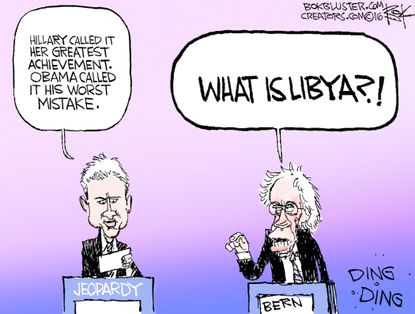 Political Cartoon U.S. Bernie Hillary Jeopardy 2016