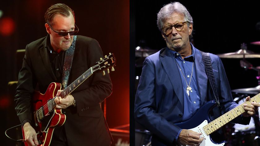 LEFT: Joe Bonamassa performs on stage as part of his British Blues Explosion tour, special tribute tour to Jeff Beck, Eric Clapton and Jimmy Page at the Old Royal Naval College on July 7, 2016 in Greenwich, England. RIGHT: Eric Clapton performs at the Royal Albert Hall on May 07, 2022 in London, England.