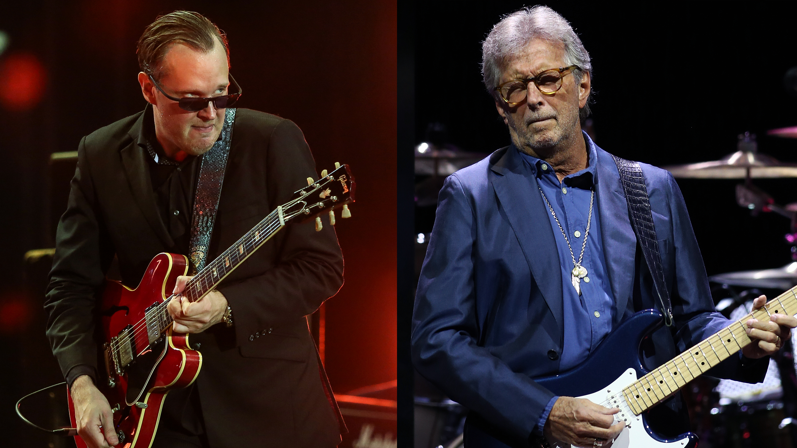 LEFT: Joe Bonamassa performs on stage as part of his British Blues Explosion tour, special tribute tour to Jeff Beck, Eric Clapton and Jimmy Page at the Old Royal Naval College on July 7, 2016 in Greenwich, England. RIGHT: Eric Clapton performs at the Royal Albert Hall on May 07, 2022 in London, England.