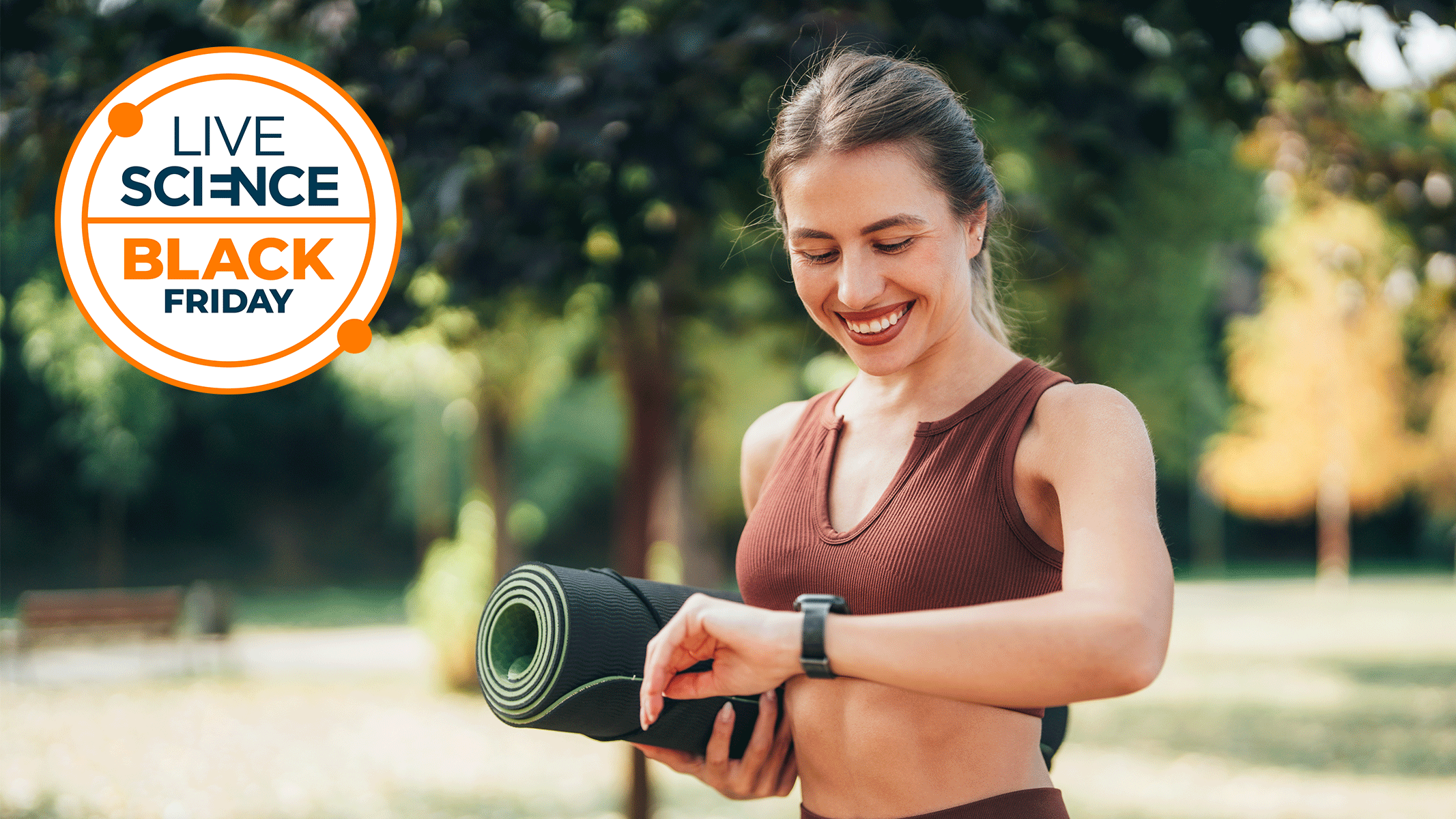A Live Science Black Friday Deals logo and a picture of a woman exercising in the park, looking at her smartwatch