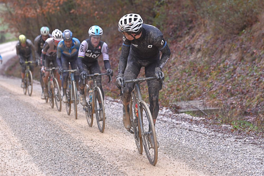 Wout Van Aert attacks the Strade Bianche leaders on a gravel climb