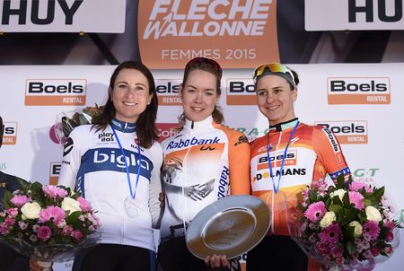 The 2015 Fl&egrave;che Wallonne podium: Annemiek van Vleuten, Anna van der Breggen and Megan Guarnier