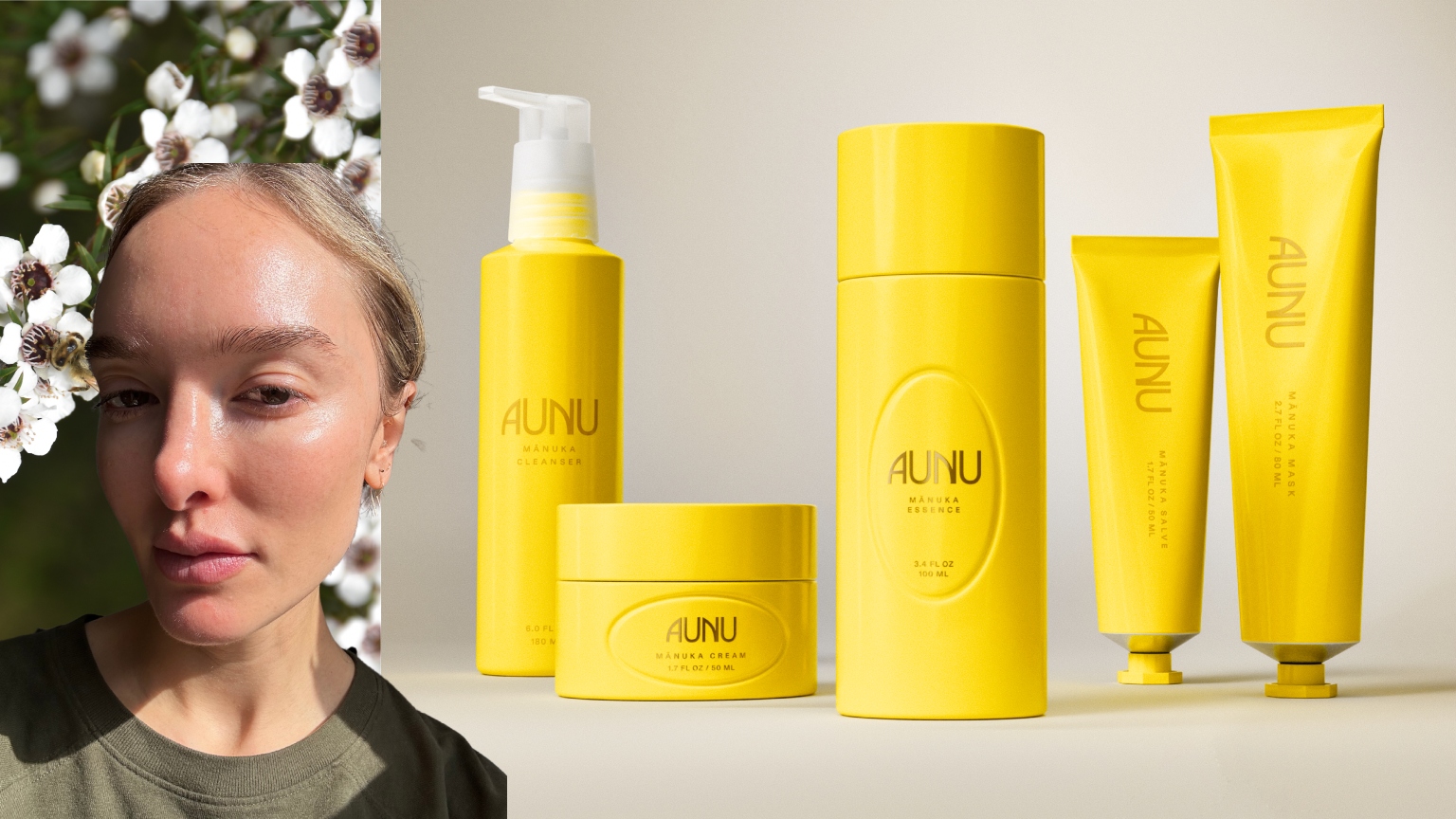 five bright yellow bottles of skincare with a white woman in a green t-shirt with glowing skin and white flowers next to her