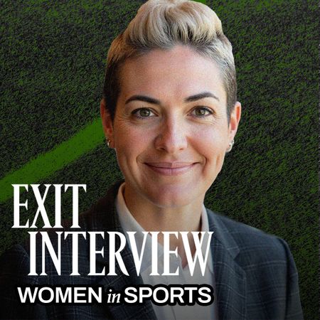 Graphic for Marie Claire&rsquo;s &ldquo;Exit Interview&rdquo; series featuring a portrait of Haley Carter on a green field background, with text reading &ldquo;Women in Sports.&rdquo;