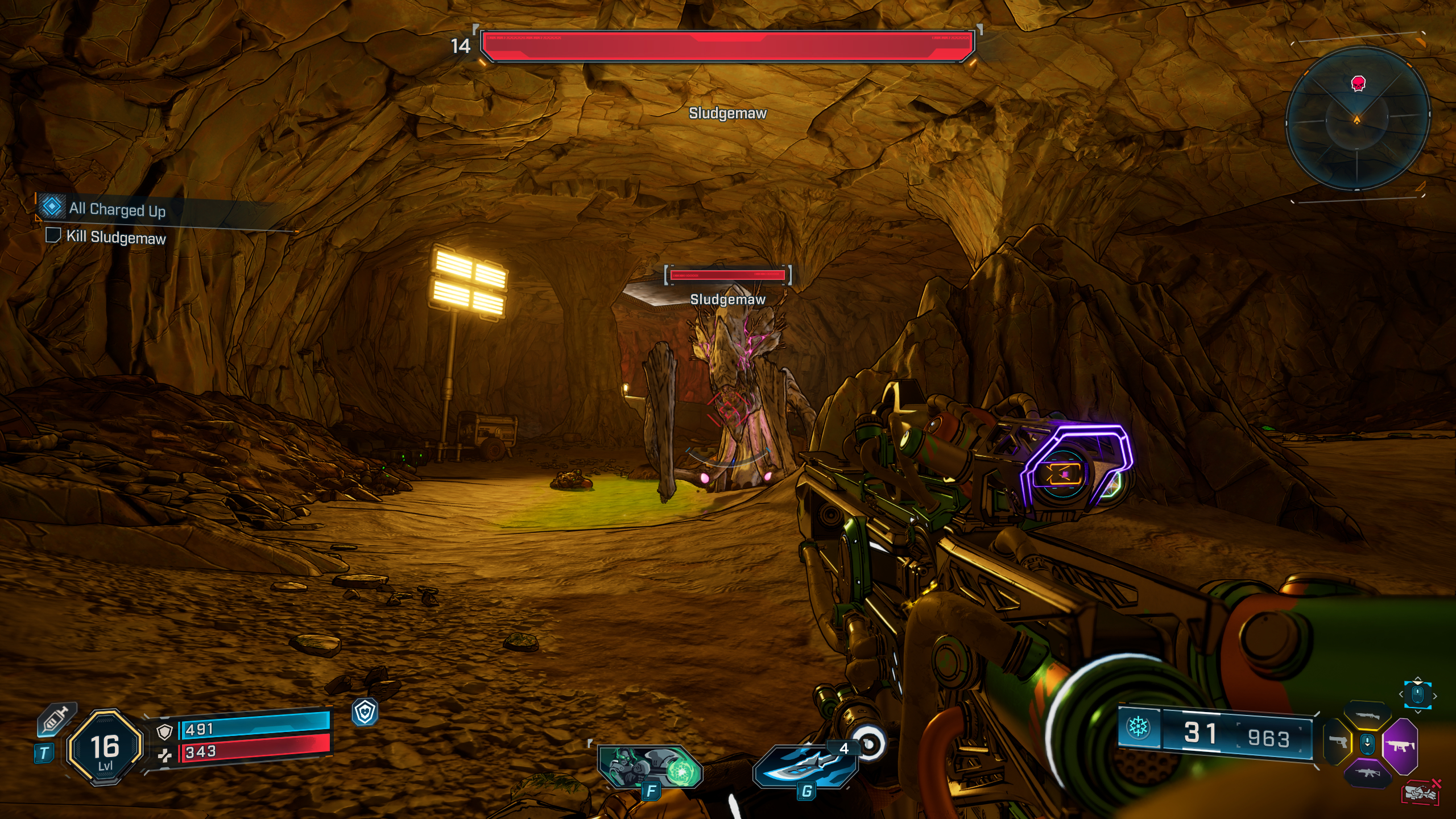 Borderlands 4 Kickballer location: A player looking at the Sludgemaw thresher boss inside a cave.