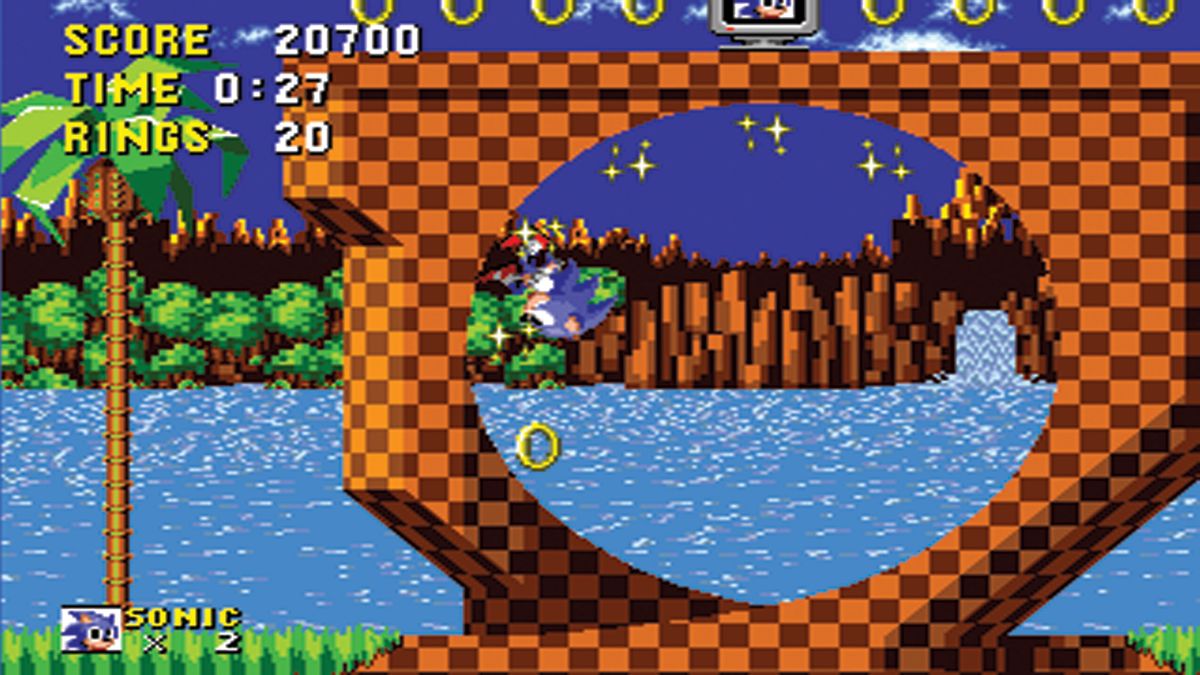 Sonic the Hedgehog running on the Sega Genesis showing Sonic going through a loop during a classic stage