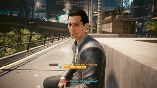 Cyberpunk 2077: Jefferson Peralez sits in a park, with two dialogue options - one telling him your findings, with the other saying you don't have much to add