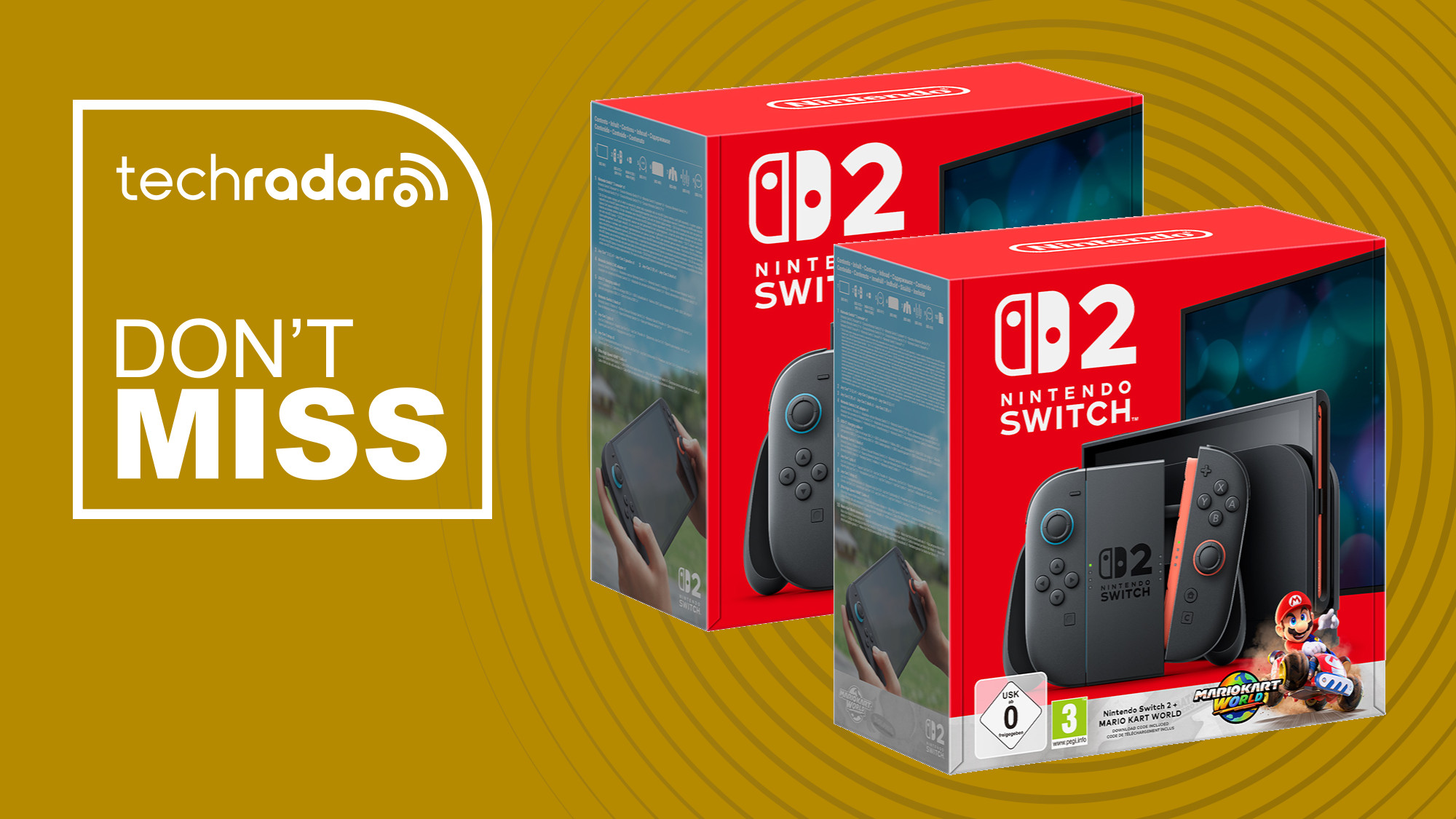 Nintendo Switch 2 console and bundle on a yellow background