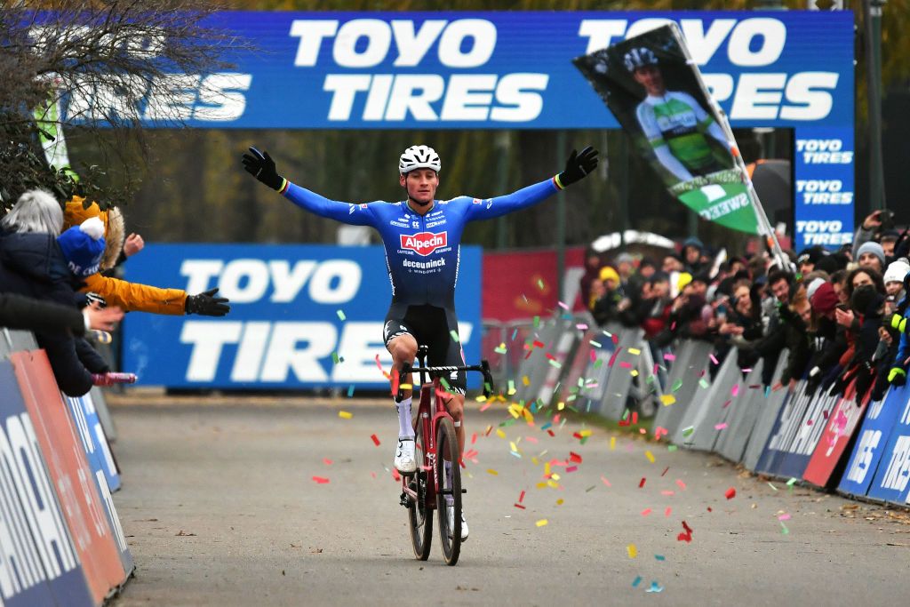ANTWERPEN BELGIUM DECEMBER 04 Mathieu van der Poel of The Netherlands and Team AlpecinDeceuninck celebrates at finish line as race winner during the 16th UCI Cyclocross World Cup Antwerpen 2022 Mens Elite CXWorldCup on December 04 2022 in Antwerpen Belgium Photo by Luc ClaessenGetty Images