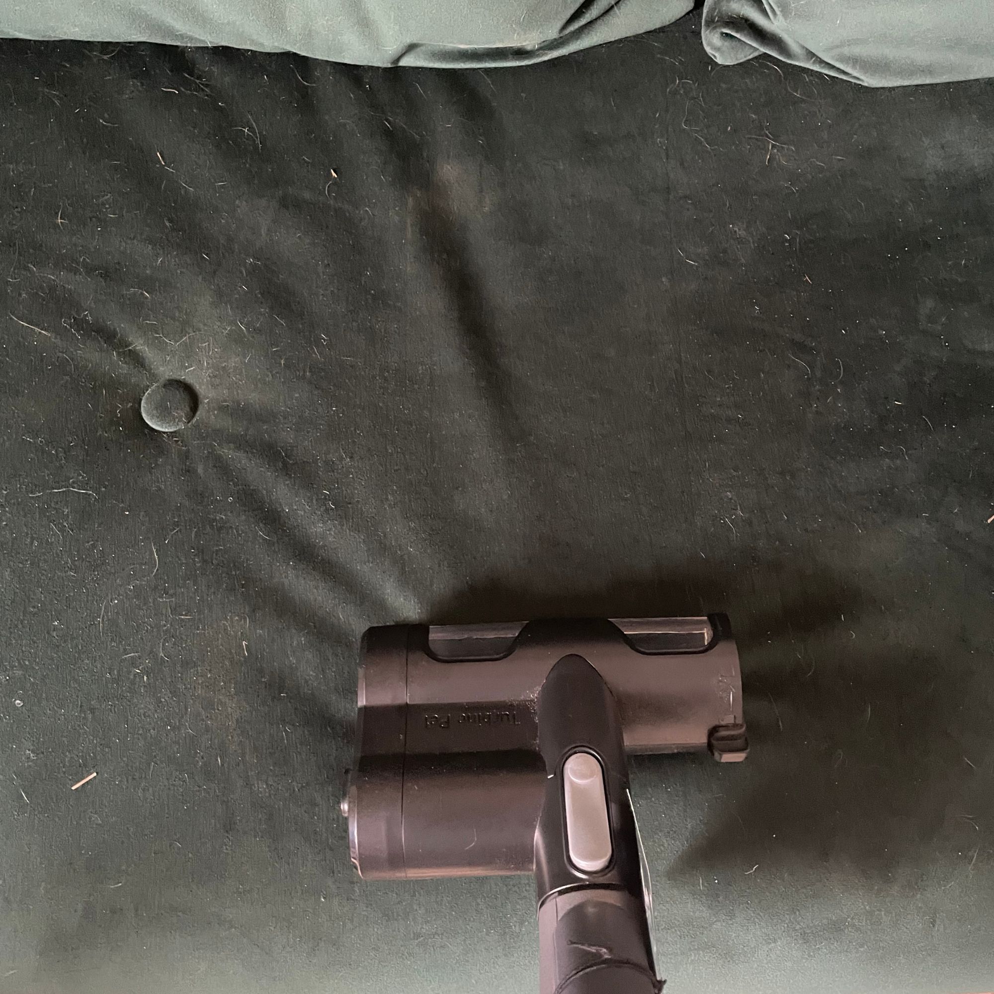 Using the pet tool of the Vax LiftOut Reach Pet Design Vacuum Cleaner to clean a green sofa bed 