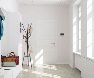 light entryway with white walls and a clothes horse