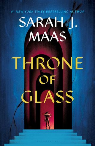 throne of glass book cover with a person with a sword at the top of stairs in a castle