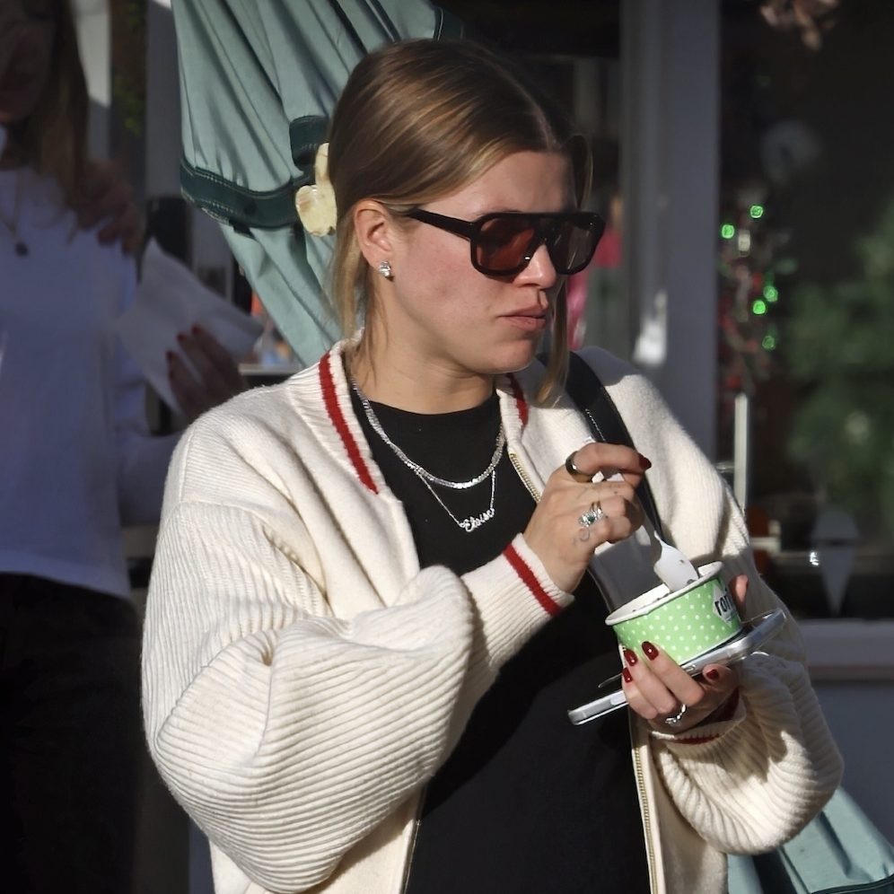 The glowing mom-to-be Sofia Richie, husband Elliot Grainge, and their adorable daughter Eloise share a delightful treat at Rori's Ice Cream in the upscale beach town of Montecito, CA&mdash;celebrating their new life following the purchase of a luxurious $10 million mansion.