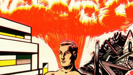 Vintage illustration of a man standing between a modern building and rubble of an old home, with a nuclear explosion behind.