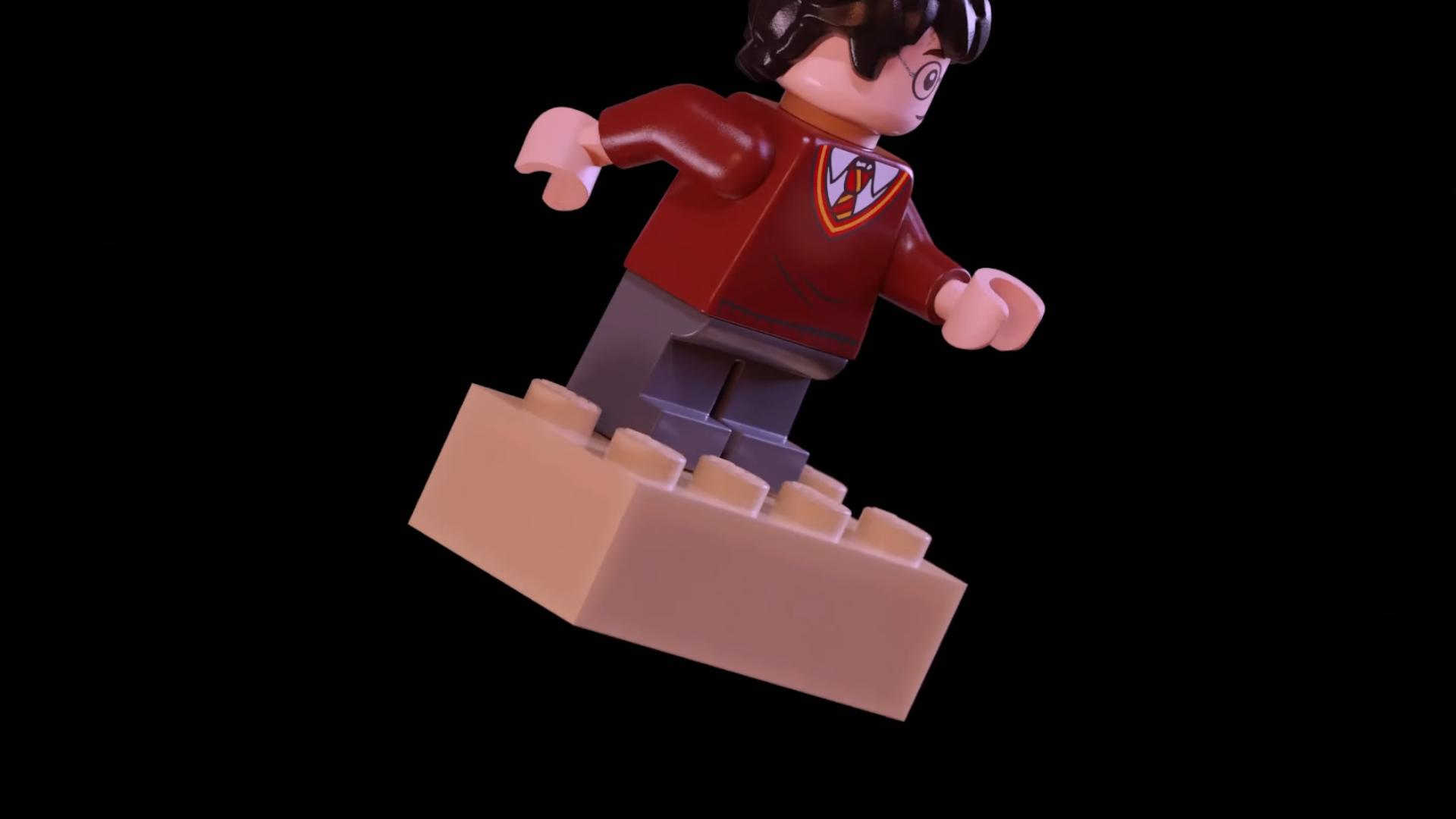 Lego Harry minifigure riding a Lego brick across a dark background