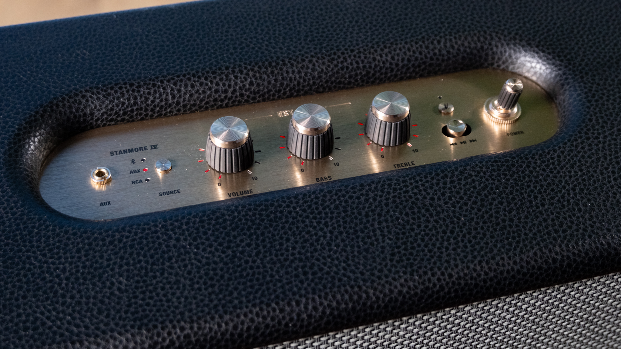 A black Marshall Stanmore IV home speaker