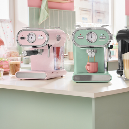Lidl espresso machine in pink and mint.