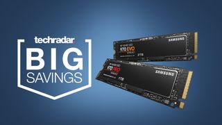 Two M.2 Samsung SSDs on a blue background with Big Savings text