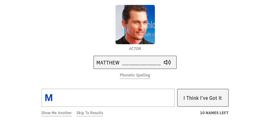 Text field inviting you to spell "Matthew McConaughey"