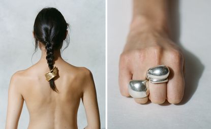 Alighieri jewellery in woman's plait, against bare back. Right, Alighieri rings on fingers