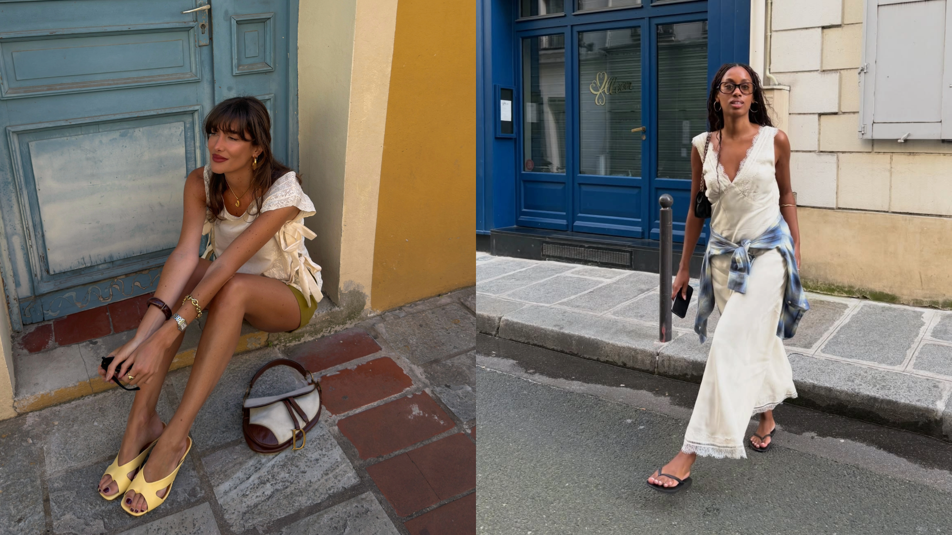 Julie Sergent Ferreri in a Sezane top and shorts, Claire Most in a DISSH dress