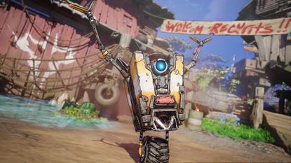 Claptrap from Borderlands 4 raising his arms in front of a banner that says "Welcom Recurits"