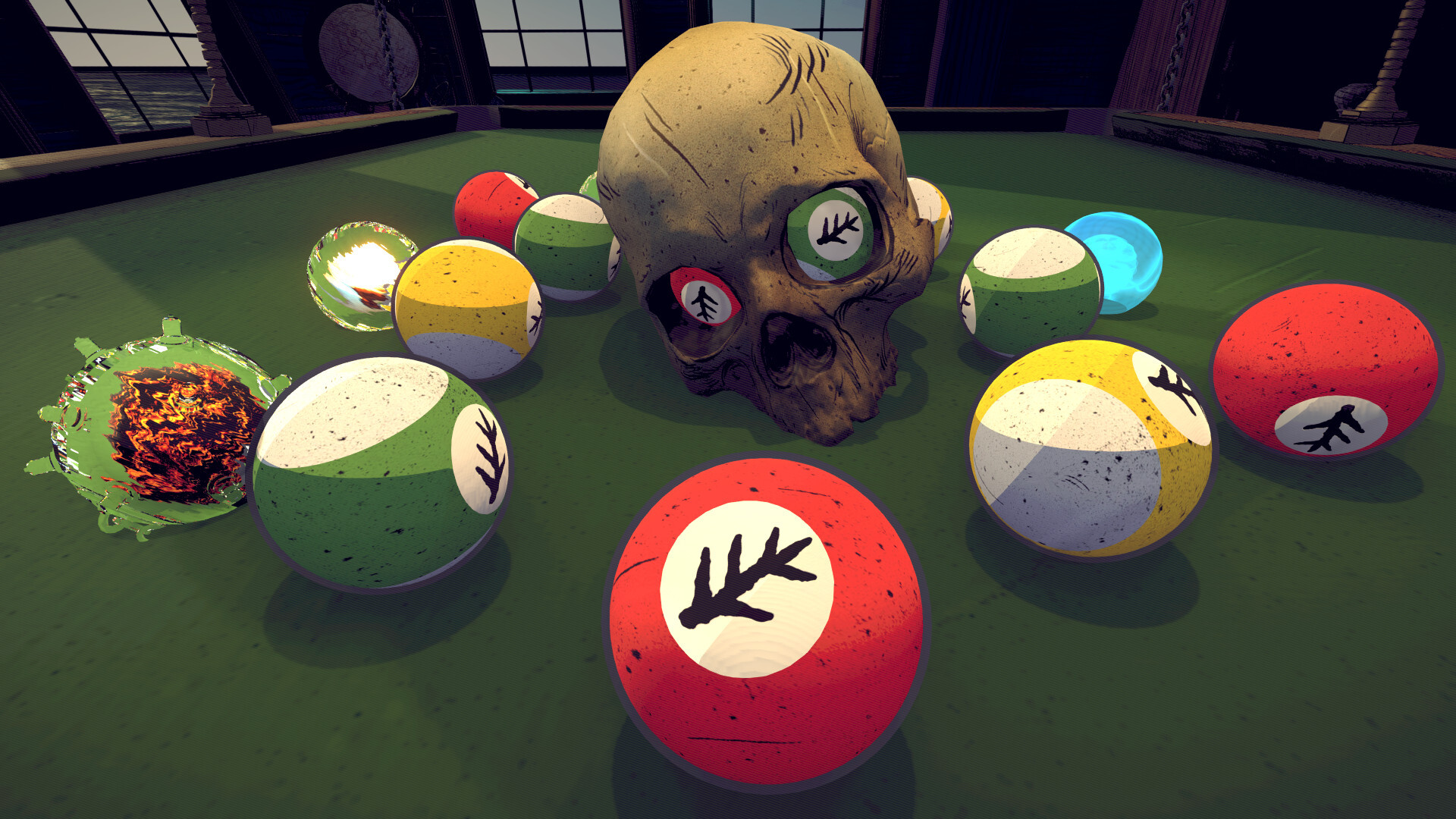 A skull surrounded by pool balls in Pool of Madness.