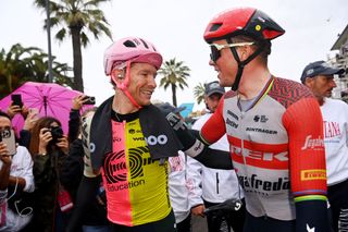 VIAREGGIO ITALY MAY 16 LR Stage winner Magnus Cort of Denmark and Team EF EducationEasyPost and Mads Pedersen of Denmark and Team Trek Segafredo react after the 106th Giro dItalia 2023 Stage 10 a 196km stage from Scandiano to Viareggio UCIWT on May 16 2023 in Viareggio Italy Photo by Tim de WaeleGetty Images