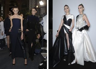 Left image: two female models wearing blue and black trouser outfits, grey carpet floor, people in the background, lighting. Right image: two female models wearing black and white designer dresses, white wall, black floor