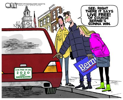 Political Cartoon U.S. Bernie Sanders New Hampshire Democrats primaries voters license plate