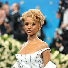 Tyla attends the 2025 Met Gala wearing a blonde pixie cut