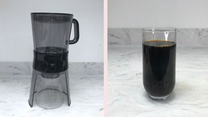 OXO Good Grips Coffee Maker next to a glass of cold bre made in the OXO Good Grips Coffee Maker