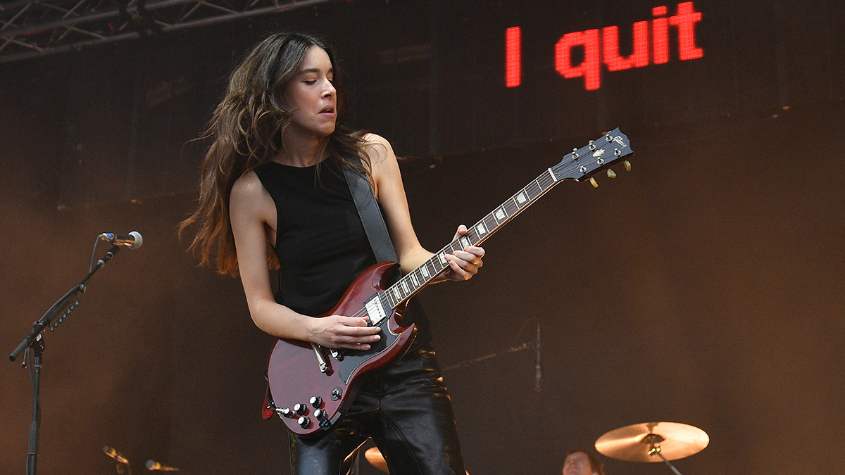 GLASTONBURY, ENGLAND - JUNE 28: (EDITORIAL USE ONLY) Danielle Haim of Haim performs on the Park stage during day four of Glastonbury festival 2025 at Worthy Farm, Pilton on June 28, 2025 in Glastonbury, England. Established by Michael Eavis in 1970, Glastonbury has grown into the UK&#039;s largest music festival, drawing over 200,000 fans to enjoy performances across more than 100 stages. In 2026, the festival will take a fallow year, a planned pause to allow the Worthy Farm site time to rest and recover. (Photo by Jim Dyson/Redferns)