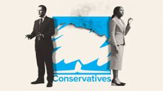 Illustration of Kemi Badenoch, Robert Jenrick and a burned Conservatives logo