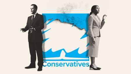 Illustration of Kemi Badenoch, Robert Jenrick and a burned Conservatives logo