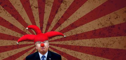 President Trump in a jester hat with a red nose.