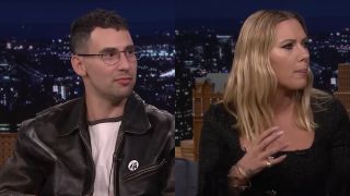 Side by side photos of Scarlett Johansson and Jack Antonoff on the Tonight Show