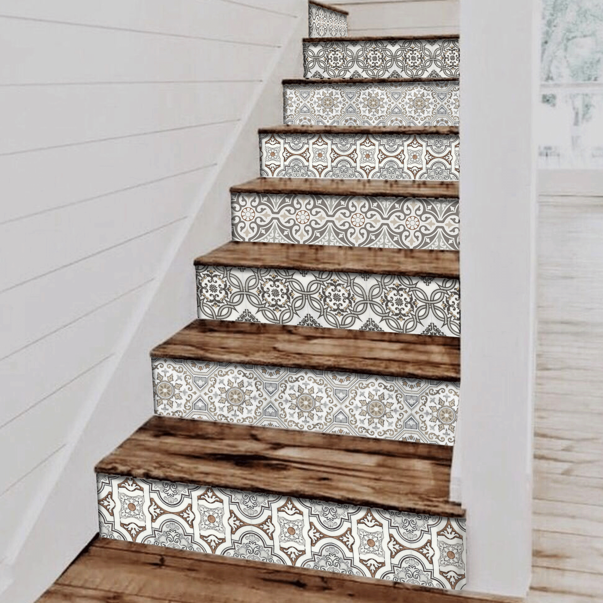 Black and white tiles on wooden staircase