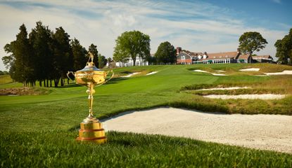 The Ryder Cup in front of Bethpage Black's clubhouse