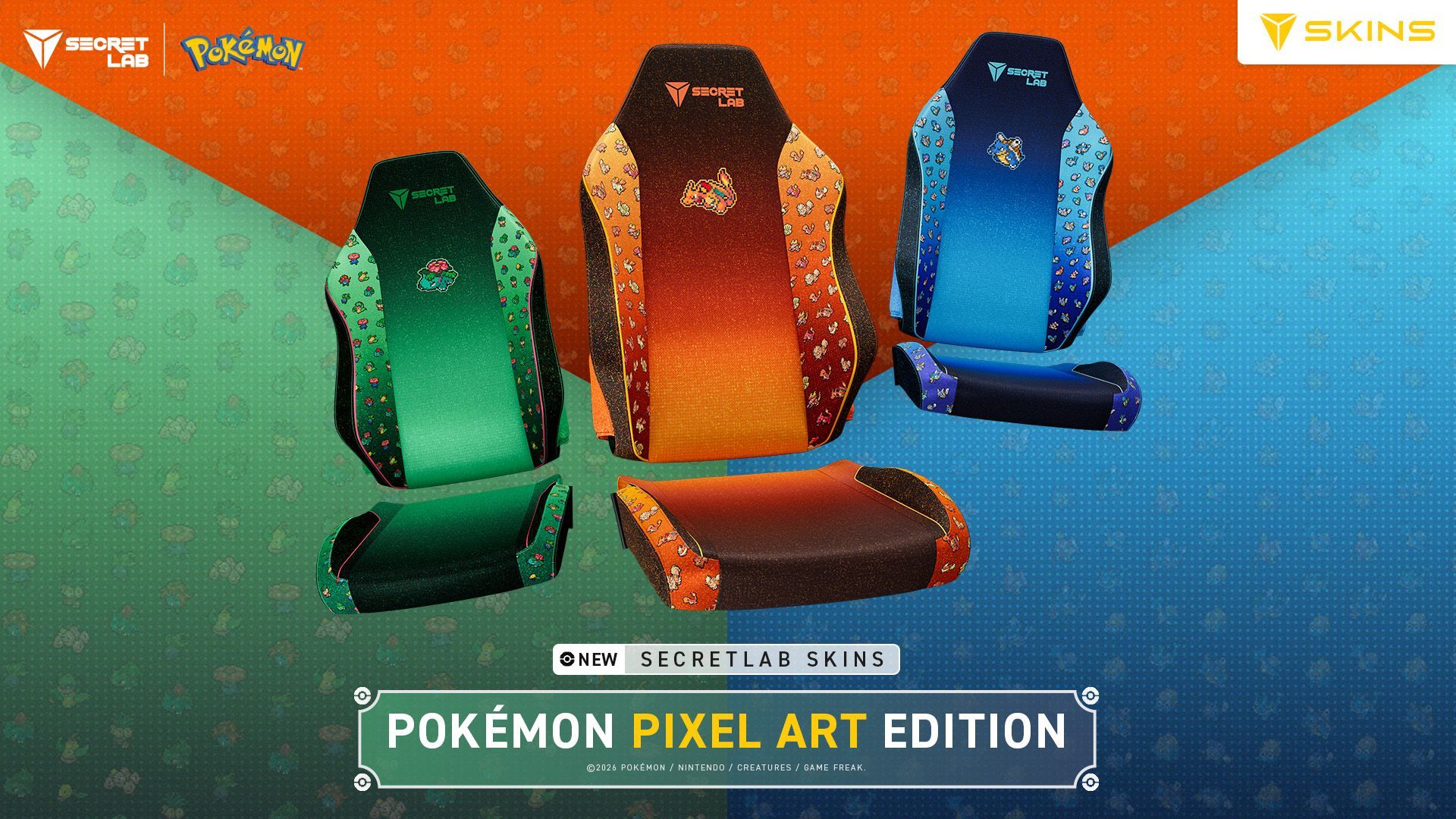 A marketing image showing the new Secretlab Pokemon Pixel Art Edition