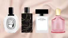 A collage featuring four 'cashmere'-like perfumes included in this roundup from Diptyque, Jo Loves, Narciso Rodriguez and Creed/ on a pink fabric background