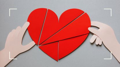 Illustration of two hands building a red heart out of paper, to represent love manifestation