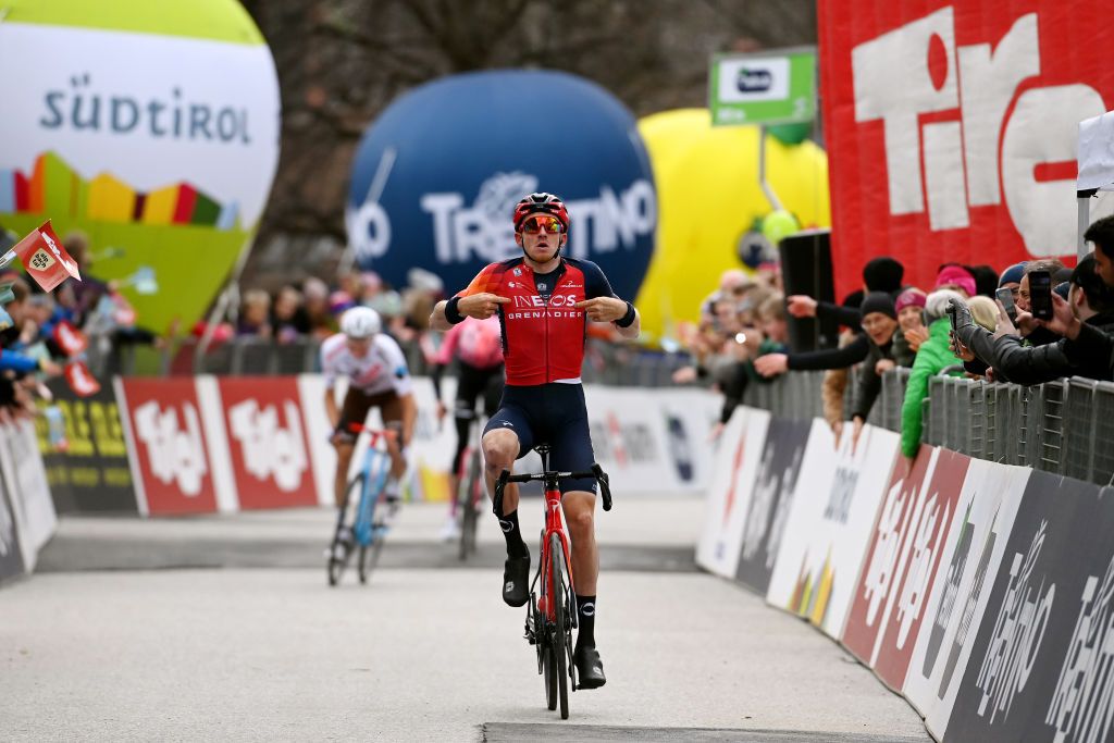 ALPBACH AUSTRIA APRIL 17 Tao Geoghegan Hart of United Kingdom and Team INEOS Grenadiers celebrates at finish line as stage winner during the 46th Tour of the Alps 2023 Stage 1 a 1275km stage from Rattenberg to Alpbach 984m on April 17 2023 in Alpbach Austria Photo by Tim de WaeleGetty Images